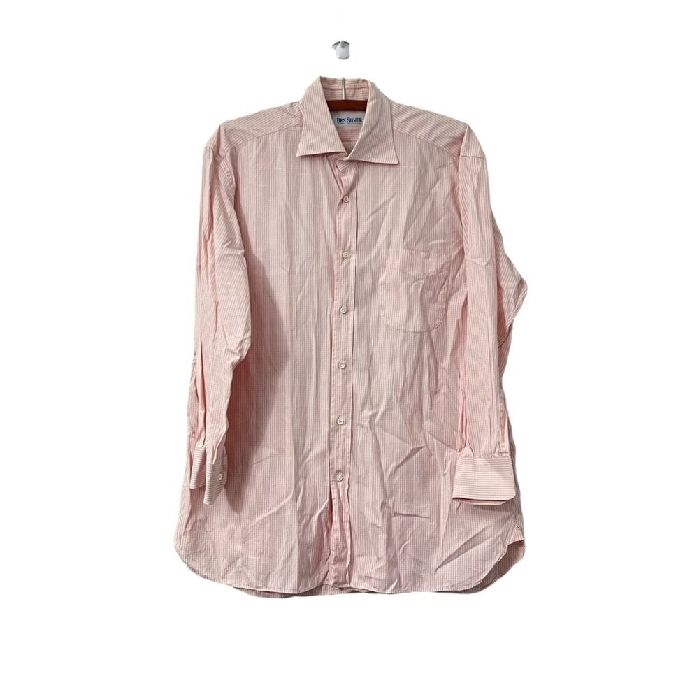 Ben Silver Mens Pink White Charleston Gingham Checkered Long Sleeve Shirt 32